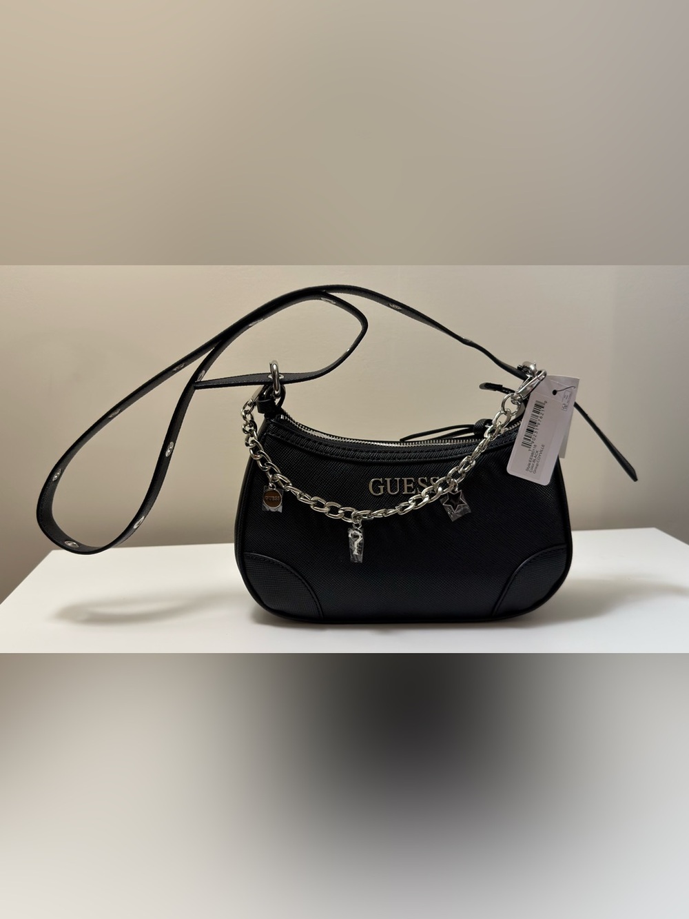 GUESS Black Shoulder Bag with Silver Chain Charm